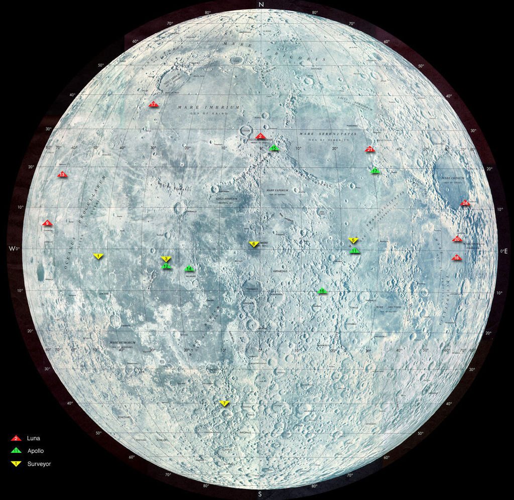 赤色が月面におけるルナ計画の着陸位置 wikipedia